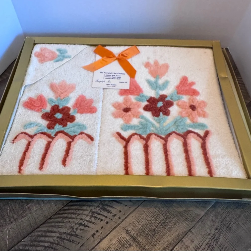 Vintage Terrytuft Cannon Bath Towel‎ Wash Hand Towel Set Floral Chenille New